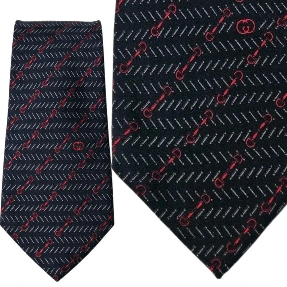 Gucci Men's 100% Silk Tie Made in Italy Barbell Logo Vtg Black Red